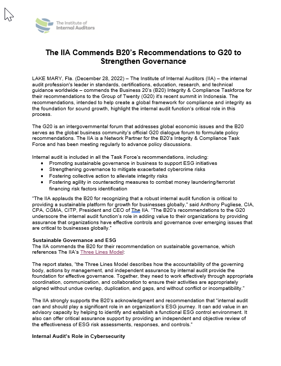 The Iia Commends B S Recommendations To G To Strengthen Governance