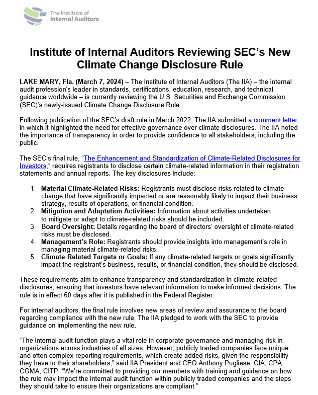 Institute of Internal Auditors Reviewing SEC’s New Climate Change