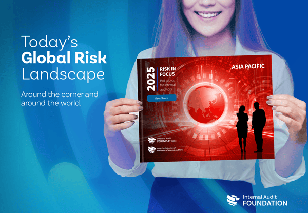 Risk in Focus tile with a person holding the global report cover