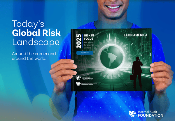 Risk in Focus tile with a person holding the global report cover