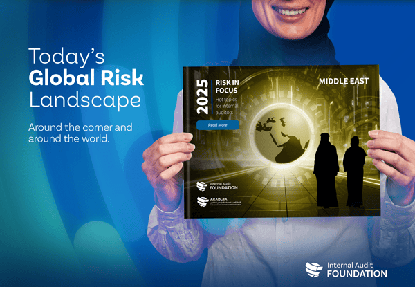 Risk in Focus tile with a person holding the global report cover