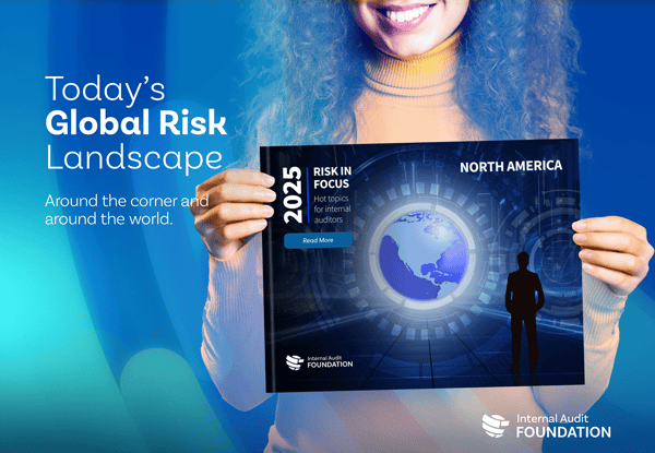 Risk in Focus tile with a person holding the global report cover